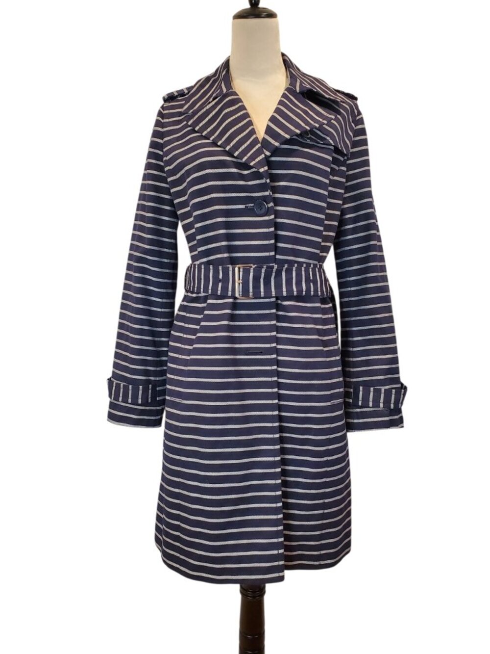 TALBOTS | Size Medium Navy & White Striped Belted Nautical Trench Coat